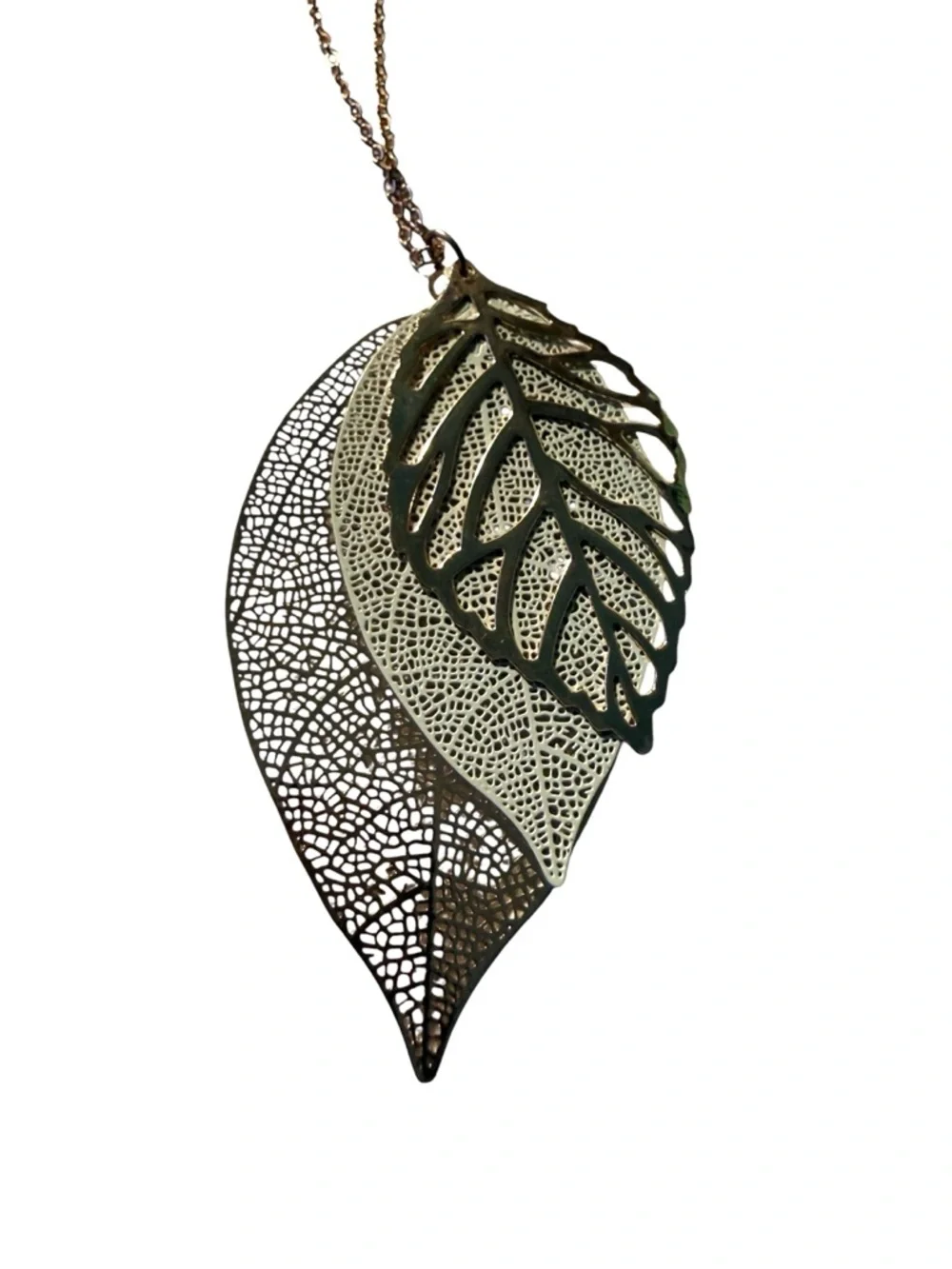 Mixed Metal Leaf Pendant Necklace - Adjustable Chain Women Jewelry